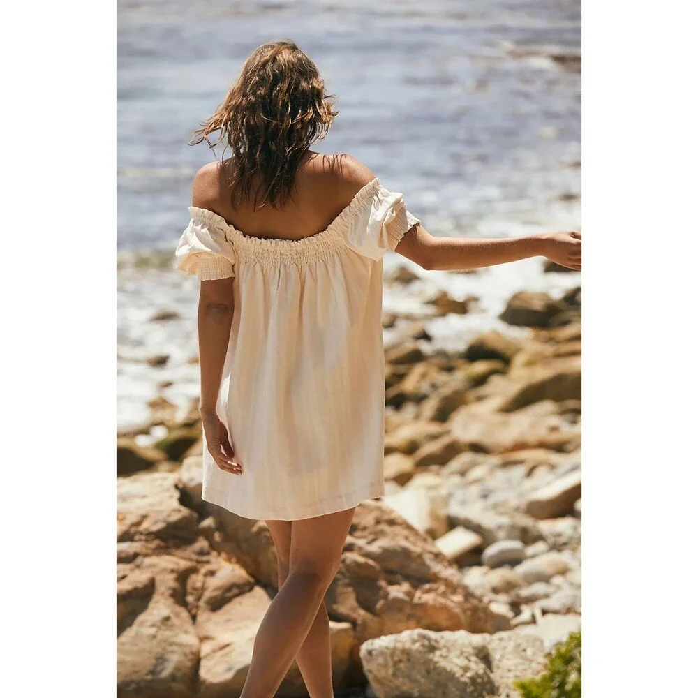 Free People Free Est Mila Mini Dress Smocked Puff Sleeves Striped XS 287944